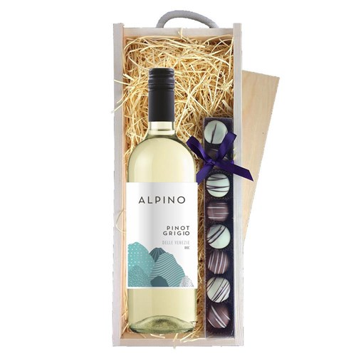Alpino Pinot Grigio 75cl White Wine & Truffles, Wooden Box